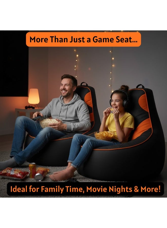 VELMORE Gaming Bean Bag Chair Cover ONLY – NO FILLING / WITHOUT BEANS | High-Back Quilted Seat, Side Pockets, Headphone Hanger & Water-Repellent Fabric - Orange - Image 3
